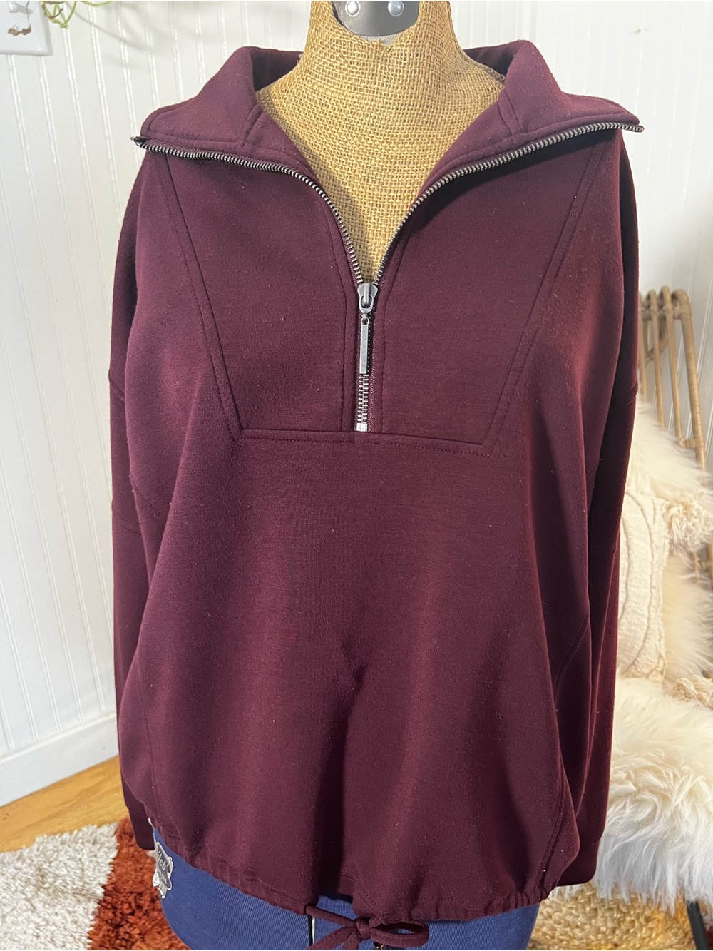 Women's cable & gauge Half-Zip Pullover Sweater - Burgundy